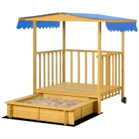 Outsunny Zandbak met Speelhuis en Dak, 133 x 129 x 137,5 cm, Natuur + Blauw(m-10)