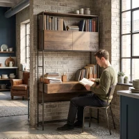 HOMCOM Computertisch mit Regalen und 2 Schubladen für das Home Office, 185 cm hoch, Braun Holzoptik(m-7)