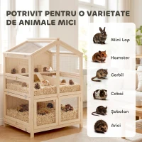 PawHut Cușcă pentru Hamsteri din Lemn cu 3 Niveluri cu Adăpătoare, Căsuțe, Leagăne, Tavă Detașabilă și Capace Rabatabile Natural(m-9)