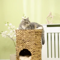 PawHut Tonneau à Gratter pour Chat 3 Niveaux, Coussins, Tressage en Jacinthe d'Eau, Cadre en Acier, Ø 40 x 73 cm, Marron Clair(m-5)