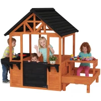 AIYAPLAY Cabane enfant extérieur en bois maison enfant extérieure table bancs évier porte fenêtre supports de fleurs marron(m-12)