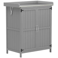 Outsunny Dulap de Exterior, Căsuță pentru Depozitare Unelte cu Raft, din Lemn cu 2 Uși pentru Grădină, Terasă, Gri(m-1)