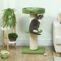 PawHut Arbre à Chat avec Griffoir, Centre d'Activités, Plateformes, Coussin, 45 x 45 x 91 cm, Vert et Beige(m-9)