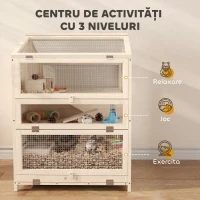 PawHut Cușcă pentru Hamsteri din Lemn cu 3 Niveluri cu Adăpătoare, Căsuțe, Leagăne, Tavă Detașabilă și Capace Rabatabile Natural(m-4)