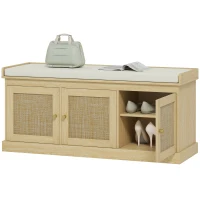 HOMCOM Banc chaussures entrée 9 paires, banc de rangement, 3 portes en rotin, coussin et étagère réglable, 105x35x47cm, chêne(m-13)