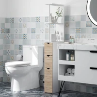 HOMCOM Columna de Baño Moderno Mueble Auxiliar de Baño con 2 Estantes 2 Cajones y 1 Puerta Antivuelco 15x33x136,8 cm Natural(m-7)