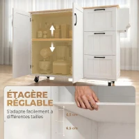 HOMCOM Îlot Central Cuisine avec Plateau Rabattable 2 Prises et 2 Ports USB Desserte de Cuisine sur Roulettes 3 Tiroirs Blanc(m-7)