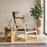 HOMCOM Fauteuil in linnenlook met hoofdsteun en armleuningen, houten frame, bruin+ naturel(m-8)
