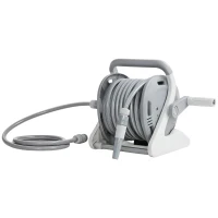 Outsunny Portable Garden Hose Reel, 20+2 m Wall Mounted Hose Reel with 2 Patterns Spray Nozzle and Crank Handle, Grey(m-1)