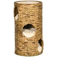 PawHut Tonneau à Gratter pour Chat 3 Niveaux, Coussins, Tressage en Jacinthe d'Eau, Cadre en Acier, Ø 40 x 73 cm, Marron Clair(m-1)
