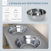 PawHut Honden Voederstation met 2 Roestvrijstalen Bakken, Antislip, 58,4x30,5x25,4cm, Grijs(m-5)
