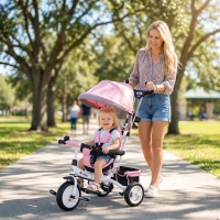HOMCOM 6-in-1 Kinderdreirad mit Schiebestange, Dach, Gurt, Ablagekorb, für 1-5 Jahre, Rosa(m-2)