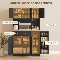 HOMCOM Buffet haut cuisine, armoire de cuisine, station de charge, 6 portes, plan de travail, porte-épices, 100x40x173cm, noir(m-4)