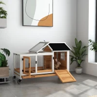 PawHut Jaula para Conejos con Ruedas Techo Abatible y Bandeja Extraíble para Interior y Exterior 108x58x73,5 cm Natural(m-10)
