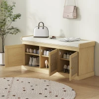 HOMCOM Banc chaussures entrée 9 paires, banc de rangement, 3 portes en rotin, coussin et étagère réglable, 105x35x47cm, chêne(m-9)