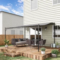 Outsunny  Cenador de Jardín 4x3 m Pérgola Montado en Pared con Toldo y 16 Orificios de Drenaje Marco de Metal y Poliéster 180 g/m² para Patio Terraza Gris(m-10)