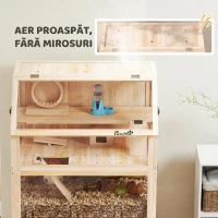 PawHut Cușcă pentru hamster din lemn 3 etaje Cușcă pentru rozătoare cu podea detașabilă Raft Roată Balansoar Rampă Căsuță 80x53x117cm Lemn natural(m-8)