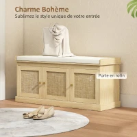 HOMCOM Banc chaussures entrée 9 paires, banc de rangement, 3 portes en rotin, coussin et étagère réglable, 105x35x47cm, chêne(m-4)