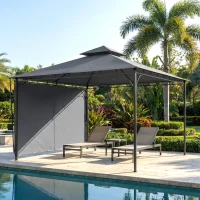 Outsunny Pavillon 3,2x3,2 m Stabil Winterfest Gartenpavillon mit ausziehbaren Dachüberstand, Doppeldach Dunkelgrau(m-2)