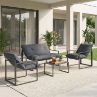 Outsunny Set da Giardino 4 Pezzi con Divanetto, 2 Poltrone e Tavolino, in Acciaio, Poliestere e Cotone PP, Nero e Grigio(m-10)