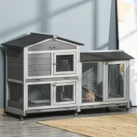 PawHut Conejera Exterior 157,4x53x99,5cm Jaula para Conejos Grande con Ruedas Techo Asfáltico Bandejas Extraíbles y Rampa Gris(m-10)