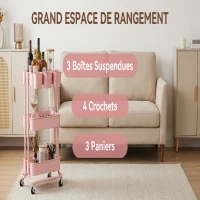 HOMCOM Chariot à 3 niveaux desserte avec 4 crochets et 3 boîtes suspendues amovibles pour 42 x 38 x 86,5 cm rose(m-4)