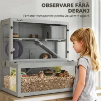 PawHut Cușcă pentru Hamster din Lemn, 3 Niveluri cu Căsuță, Roată, Rampe, Panou Transparent, Spații Separate, 80x50x84cm, Gri(m-6)