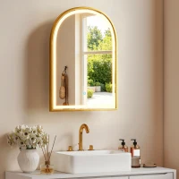 HOMCOM Armoire murale salle de bain avec miroir et éclairage LED, porte arquée, anti-buée, 50x14,5x70cm, doré(m-11)