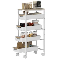 HOMCOM Desserte cuisine, chariot de rangement à roulettes 5 niveaux avec 4 tiroirs coulissants, étagère de rangement, blanc(m-11)