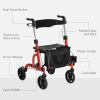 HOMCOM Lightweight Walking Frame, Folding Rollator Walker with Seat and Backrest, Red(m-5)