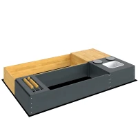 AIYAPLAY Sandkasten 2-teilig 150x90cm Holz Sandkiste mit Sitzbank Stauraum Herd herausnehmbarem Waschbecken Abakusperlen Gelb(m-11)