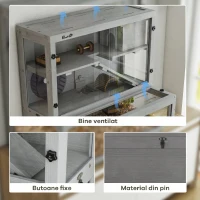PawHut Cușcă pentru Hamster din Lemn, 3 Niveluri cu Căsuță, Roată, Rampe, Panou Transparent, Spații Separate, 80x50x84cm, Gri(m-5)