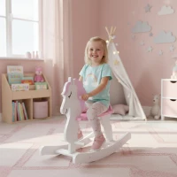 HOMCOM Caballito Balancín para Niños de 1-3 Años de Madera con Manillar y Pedales Carga 50 kg 68x27x51,5cm Blanco y Rosa(m-2)