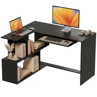 HOMCOM Bureau d'Angle, 120 x 100 x 76 cm, Bureau Informatique en L avec Plateau de Clavier, 4 Compartiments Ouverts, Noir(m-15)