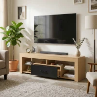 HOMCOM Lowboard RTV do telewizorów do 165,1 cm, nowoczesna szafka RTV z regulowanymi półkami szklanymi, dąb(m-2)