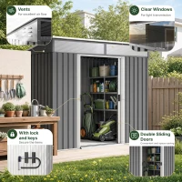 Outsunny 6.5 x 4FT Galvanised Metal Shed with Foundation Kit, Lockable Tool Garden Shed with Double Sliding Doors, Vents, Grey(m-7)