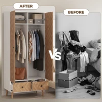 HOMCOM Cabinet Wood-Effect Sticker Surface, Modern Wardrobe with 2 Hanging Rods, 2 Storage Shelves and 2 Drawers, White(m-7)
