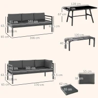 Outsunny 4 Piece L-shaped Garden Furniture Set 8-Seater Aluminium Outdoor Dining Set Conversation Sofa Set w/ Bench, Dining Table & Cushions, Grey(m-3)