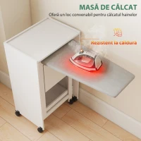 HOMCOM Dulap Masă de Călcat Pliabil cu Roți și Suport pentru Fier de Călcat, Dulap de Călcat Multifuncțional cu Rafturi, Compartiment Deschis, pentru Spălătorie, Baie, 154x55x87 cm, Alb(m-6)