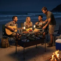 Outsunny Klappbarer Rollbarer Picknicktisch Tragbarer Campingtisch mit Netzablage und Tragetasche für den Außenbereich, Schwarz(m-9)