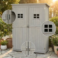 Outsunny Wooden Garden Shed with Two Windows, Tool Storage Cabinet, Outdoor Double Door Organizer 127.5L x 50W x 164H cm, Grey(m-9)