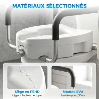 HOMCOM Rehausseur de siège de toilettes avec poignées, largeur réglable, accoudoirs rembourrés, blanc(m-6)