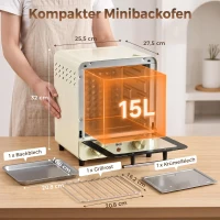 HOMCOM mini-oven 15L, pizzaoven, 1000 W elektrische mini-oven inclusief bakplaatset, kruimelbak, 1 uur Timer, 60-230 ℃, crèmewit(m-3)