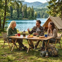 Outsunny Campingtisch 117 x 60 cm Aluminium Klapptisch mit Aufrollbare Tischplatte Holz-Optik Tragetasche wasserdicht(m-8)