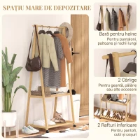 HOMCOM Cuier din Bambus cu Raft pentru Încălțăminte, 2 Cârlige, Cuier Mobil pentru Hol, Sufragerie, Natural(m-4)