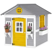 Outsunny Wooden Playhouse with Doors, Windows, Plant Pots, Boxes, for 3-8 Years - Grey(m-11)