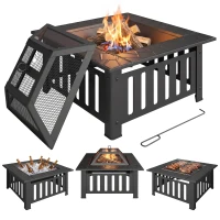 Outsunny Vuurschaal van Staal - Vuurkorf met Vonkenscherm en Pook - Voor Outdoor BBQ of Camping - 67x67x47cm - Zwart(m-11)