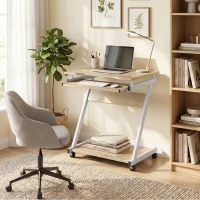 HOMCOM Birou pentru Computer cu 4 Roți și Suport Tastatură Glisant, PAL, Metal, Stejar(m-2)