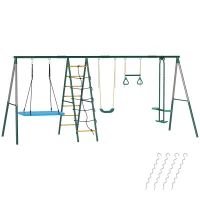 AIYAPLAY 5-in-1 Schaukelgestell mit verstellbarer Nestschaukel Turnringe Doppelsitzer Klettergerüst für 3-8 Jahre 440x175x203 cm(m-1)
