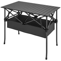 Outsunny Klappbarer Rollbarer Picknicktisch Tragbarer Campingtisch mit Netzablage und Tragetasche für den Außenbereich, Schwarz(m-11)